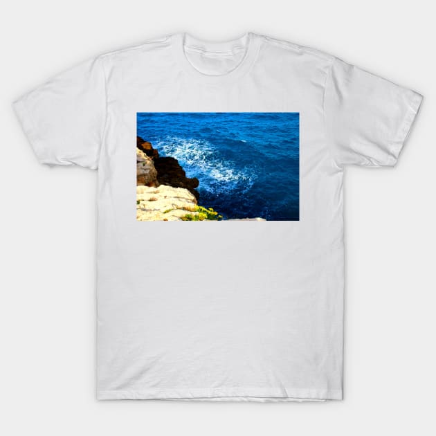 View from a high rocky coast of Polignano a Mare at the wavy Adriatic sea T-Shirt by KristinaDrozd